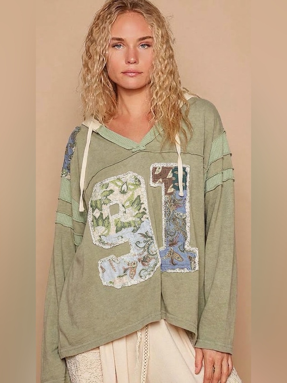 POL Clothing 91 Varsity Patchwork Hooded Top- Green
